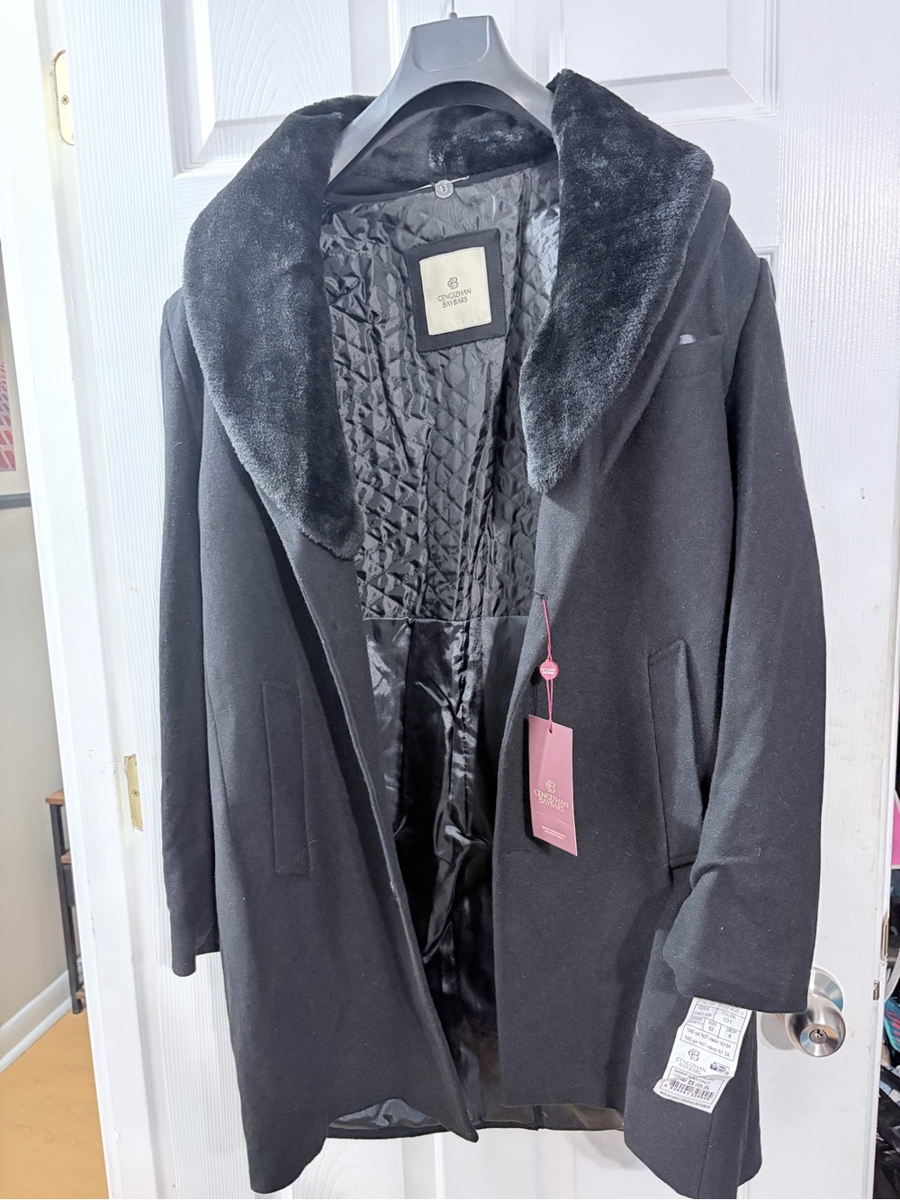 NWT Cengizhan Baybars Black Wool Coat Men’s EU 52 Slim Fit Fur Collar $400